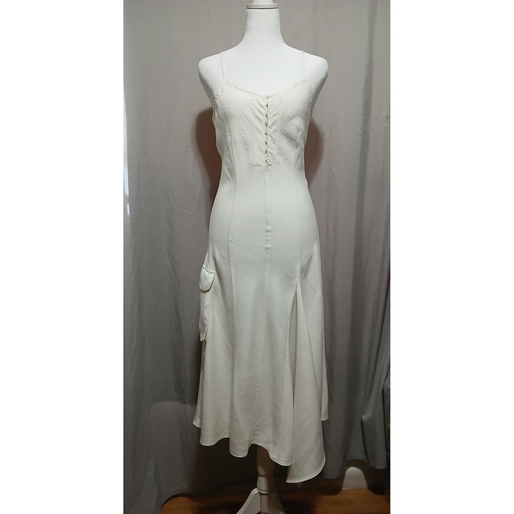 B-Young White Linen Blend Rikke-DR Midi Dress Corset Back Cargo Pocket Size S